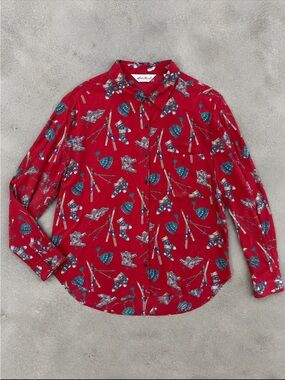 90s Eddie Bauer Vintage Red Ski Print Rayon Blouse Women XL Camp Shirt Retro